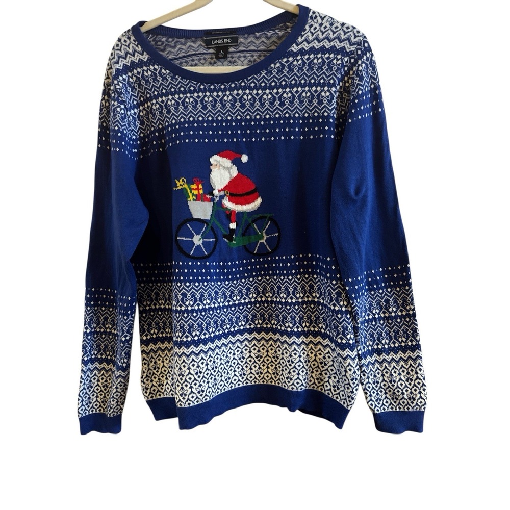 Land's End Holiday Santa On Bicycle Large Supima Cotton Sweater Blue Fair‎ Isle